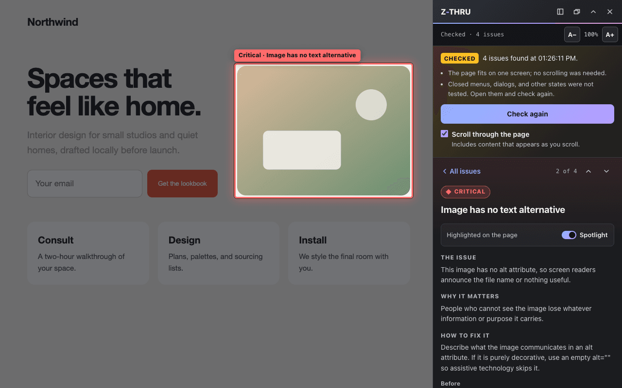 Z-Thru's spotlight on the Northwind sample page. The page is dimmed except for the hero image, which is outlined in red and tagged “Critical · Image has no text alternative”. The inspector explains the issue, why it matters, and how to fix it by adding an alt attribute.