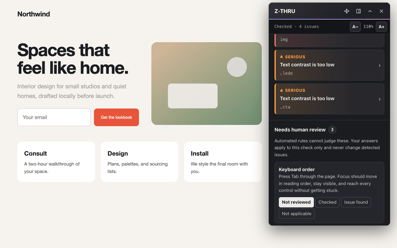 The Z-Thru inspector floating over the Northwind sample page, scrolled to the Needs human review section with 3 checks. The first, Keyboard order, asks you to press Tab through the page and mark the result as Not reviewed, Checked, Issue found, or Not applicable.